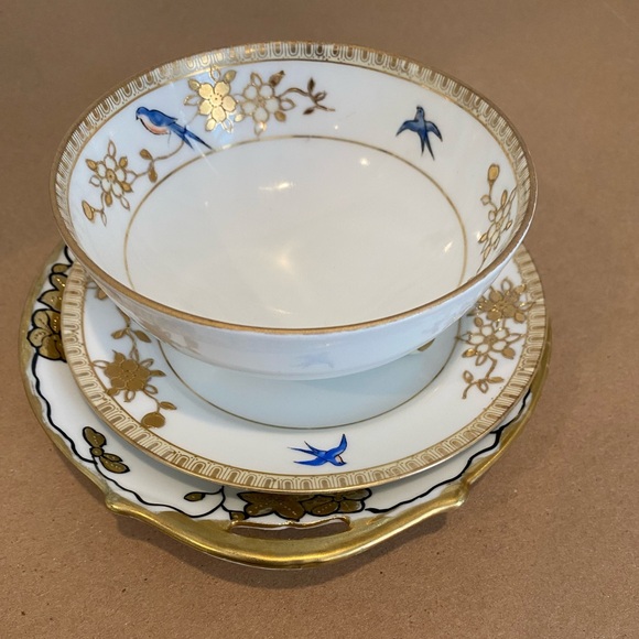 Vtg Nippon Hand Painted Small Bowl Saucer and Dessert Plate Gold Blue Birds - Picture 2 of 13